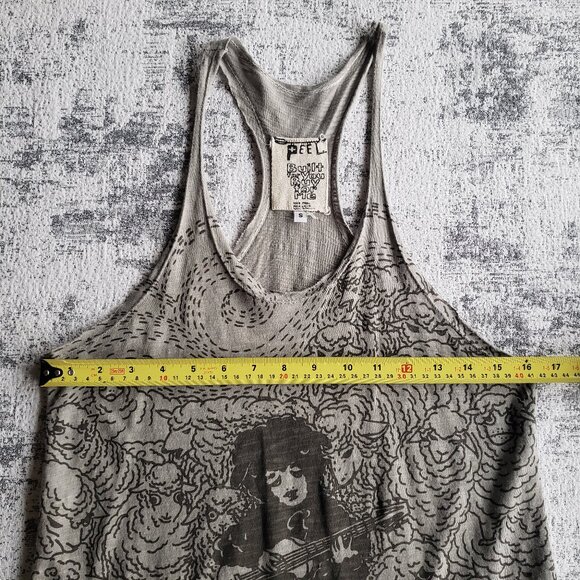Gray Cotton Raw Edge PEEL Tank Top w Sheep and Guitar Player screen print Design - Picture 6 of 12